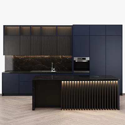Modern Dark Kitchen Cabinets Featuring Marble Countertop Striped Island And Oven 3d model