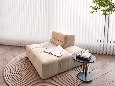 Beige Single Sofa On Round Rug With Small Round Side Table And White Blinds 3d model