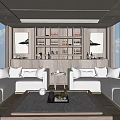 Modern Hotel Guest Room With Sea View Large Windows Sofas Coffee Table And Display Shelves
