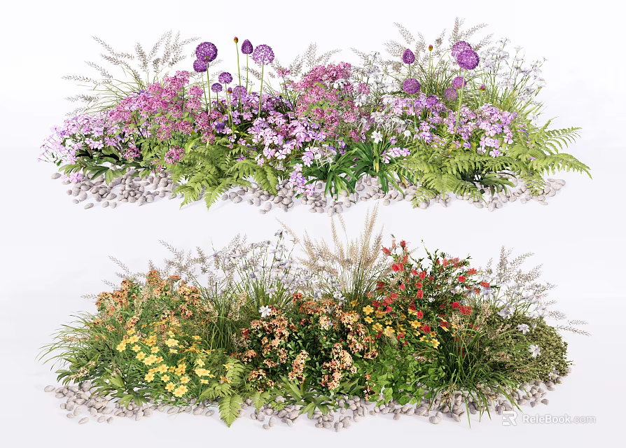Vibrant Flowers and Plants with Purple Pink Yellow Red Blooms Green Grass and Leaves 3d model 