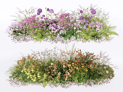 Vibrant Flowers and Plants with Purple Pink Yellow Red Blooms Green Grass and Leaves 3d model