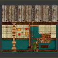 Teal Wall Interior With Checkered Floor Wooden Table Shelves Bottles And Potted Plant