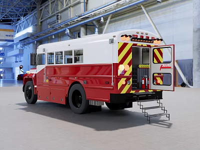 Red And White Emergency Response Bus With Open Rear Door Yellow Red Stripes And Ladder 3d model