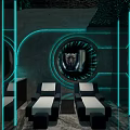 Modern SPA Sauna Relaxation Area With Blue Neon Lights Large TV And Black White Loungers