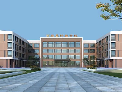 Modern Vocational Education School Building With Symmetrical Design Large Windows Spacious Plaza And Greenery 3d model