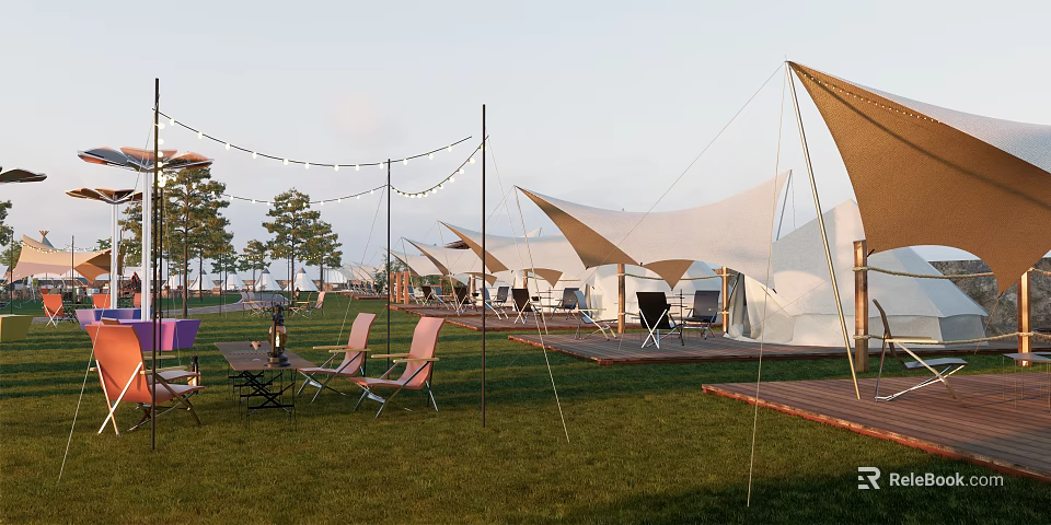 Luxury Glamping Campsite With Grassy Area Lounge Chairs String Lights And Wooden Platforms 3d model 