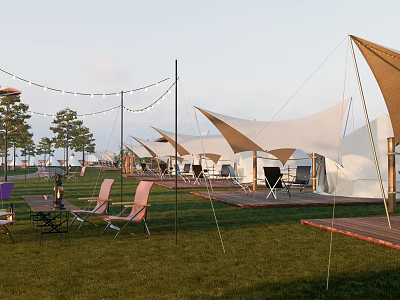 Luxury Glamping Campsite With Grassy Area Lounge Chairs String Lights And Wooden Platforms 3d model