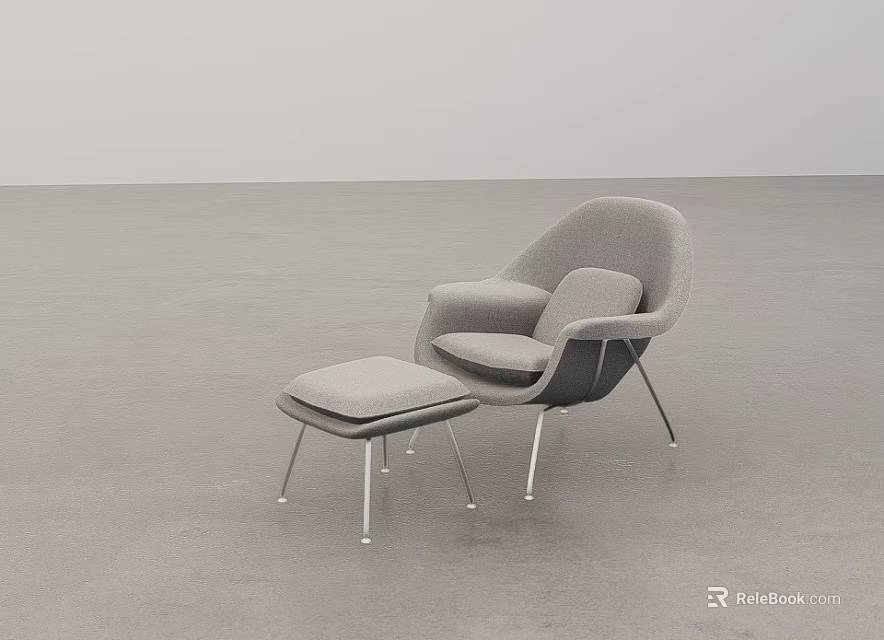 Modern Gray Upholstered Lounge Chair With Matching Ottoman In Minimalist Interior Space 3d model 