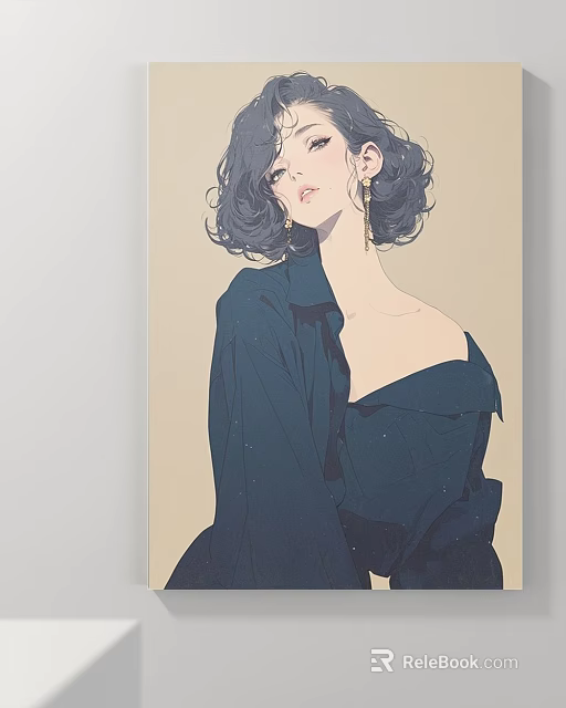 Elegant Portrait Painting Of Woman With Curly Hair Dark Shirt And Light Background 3d model 