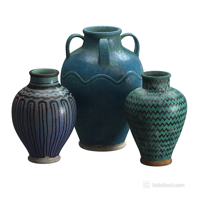 Three Decorative Ceramic Vases Featuring Deep Blue Teal Hues And Wavy Striped Zigzag Patterns 3d model