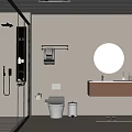 Modern Bathroom Interior With Glass Shower Light Beige Tiled Walls Round Mirror And Wooden Vanity