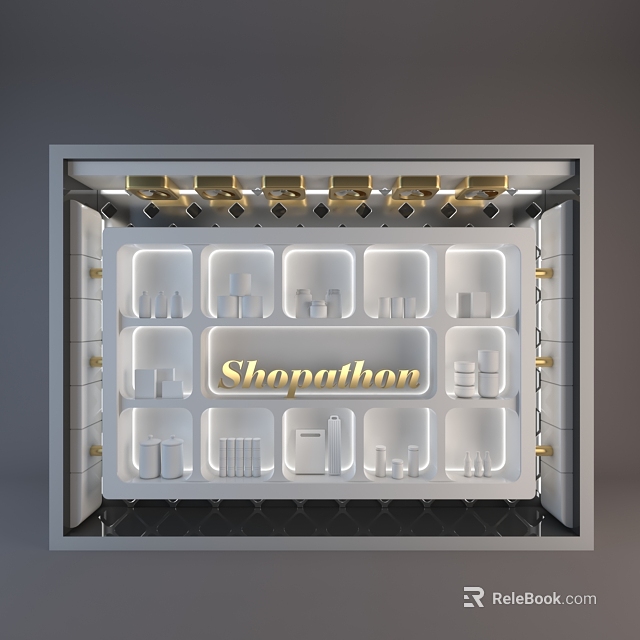 Retail Window Display Decoration With Multiple White Compartments Product Models And Golden Shopathon Text 3d model 