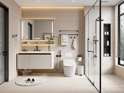 Modern Bathroom Interior Design With Large Mirror Vanity Glass Shower Enclosure And Toilet 3d model