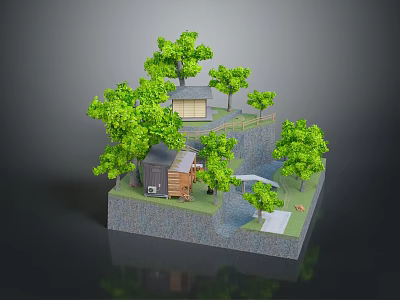 Wooden House On Hillside Surrounded by Green Trees With Path And Grass Area 3d model