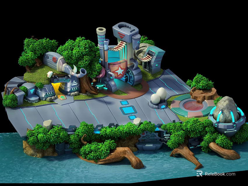 Cartoon Scenery With Floating Island Green Trees And Futuristic Tech Buildings 3d model 