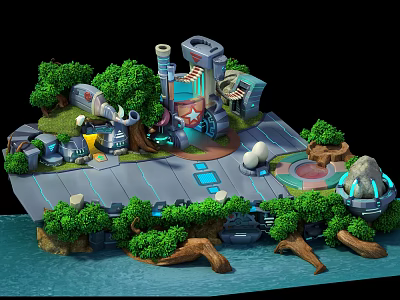 Cartoon Scenery With Floating Island Green Trees And Futuristic Tech Buildings 3d model