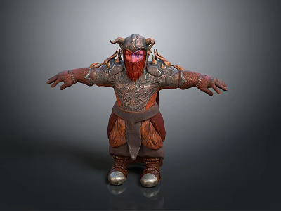 Horned Red Skinned Bearded Mythical Warrior Creature In Ornate Armored Gear With Open Arms Pose 3d model