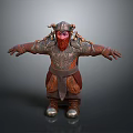 Horned Red Skinned Bearded Mythical Warrior Creature In Ornate Armored Gear With Open Arms Pose