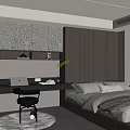Modern Tatami Bedroom Interior With Desk Laptop Stool Patterned Wall Panels And Built In Cabinets