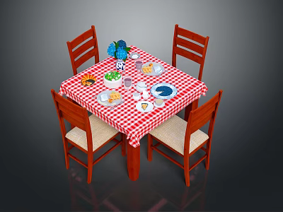 Dining Table Set with Red and White Checkered Tablecloth and Wooden Chairs 3d model