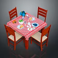 Dining Table Set with Red and White Checkered Tablecloth and Wooden Chairs