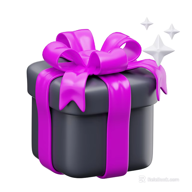 Elegant Decorative Ornament Set With Black Gift Box Purple Bow And Sparkling Stars 3d model 