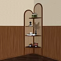 Wooden Corner Shelf With Light Wall Wainscoting Displaying Green Box Books Red Toy Car