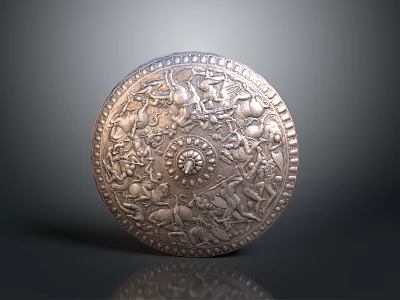 Ancient Metal Shield With Intricate Carvings Round Shape Decorative Patterns And Central Circular Design 3d model