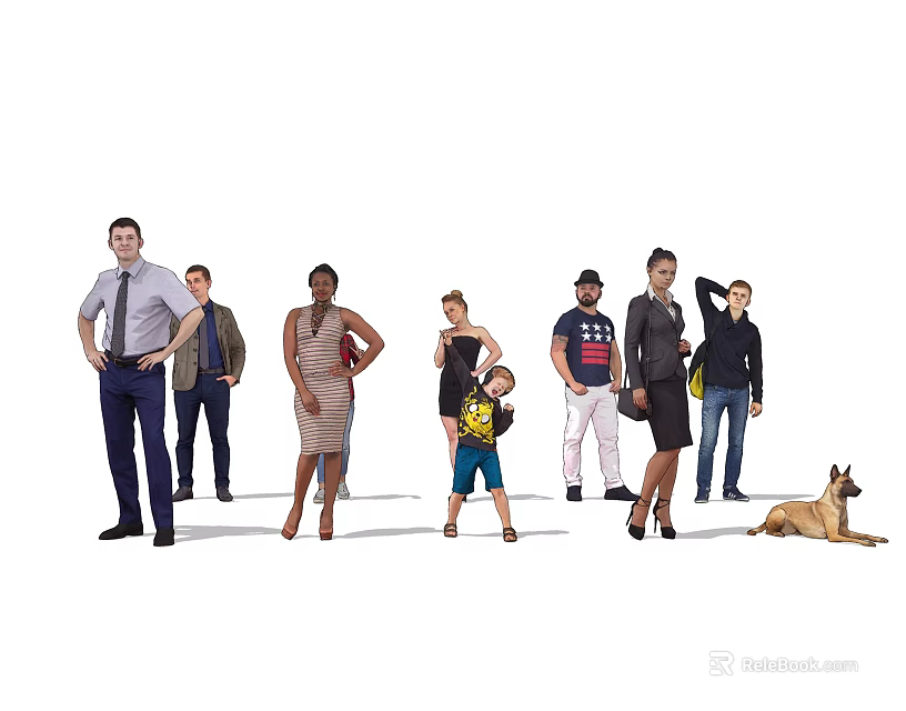 Diverse Group of People With Dog Posing Together in Casual and Formal Attire 3d model 