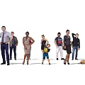 Diverse Group of People With Dog Posing Together in Casual and Formal Attire