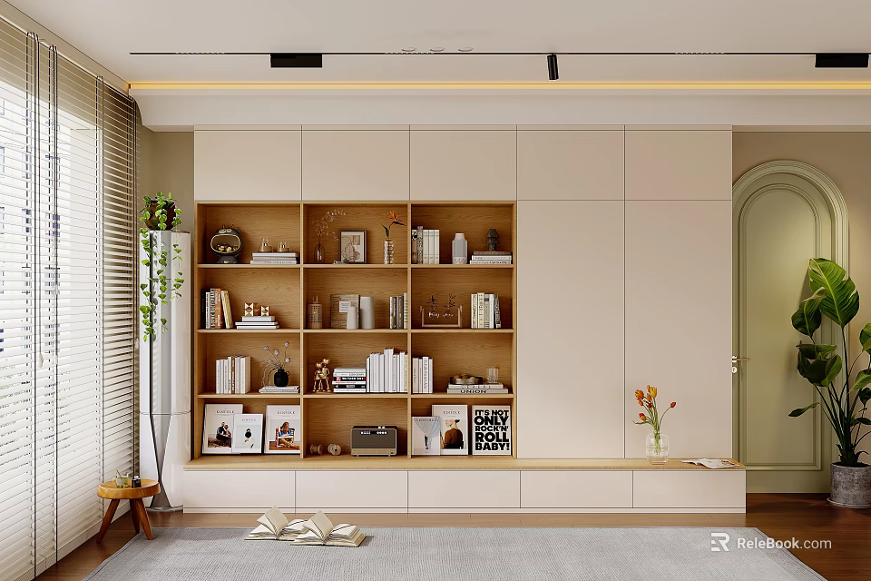 Modern TV Background Cabinet With Wooden Open Shelves Books And Decorative Items 3d model 