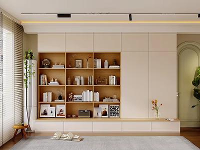Modern TV Background Cabinet With Wooden Open Shelves Books And Decorative Items 3d model