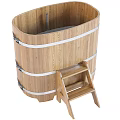 Natural Wooden Bathtub With Matching Wooden Ladder And White Accent Strips