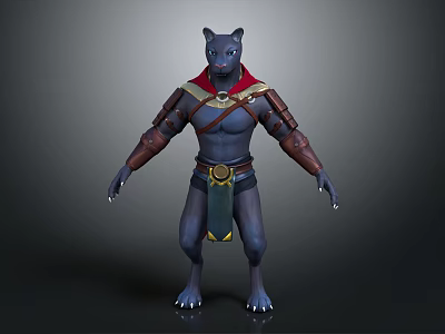 Blue Skinned Fantasy Game Character With Wolf Like Head Red Cape And Brown Armor 3d model