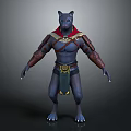 Blue Skinned Fantasy Game Character With Wolf Like Head Red Cape And Brown Armor