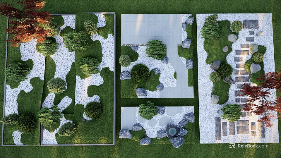 Karesansui Dry Landscape Garden Design With Stones Gravel Greenery And Pathways 3d model 