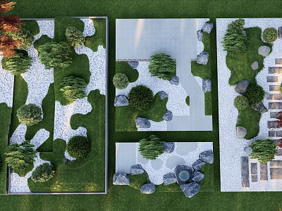 Karesansui Dry Landscape Garden Design With Stones Gravel Greenery And Pathways 3d model