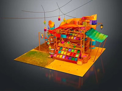 Cartoon Style Colorful Stall Scene with Shelves Hanging Lanterns and Colorful Items Under Green Canopy 3d model