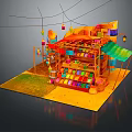 Cartoon Style Colorful Stall Scene with Shelves Hanging Lanterns and Colorful Items Under Green Canopy