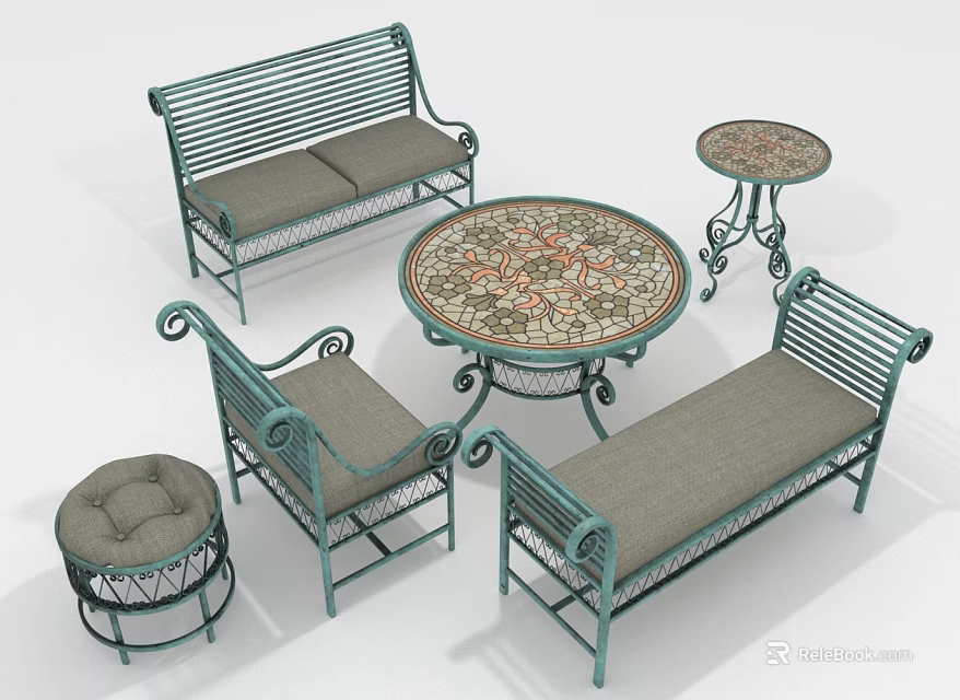 Lush Garden Plants Surrounding Green Metal Furniture With Ornate Table Design 3d model 