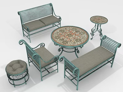 Lush Garden Plants Surrounding Green Metal Furniture With Ornate Table Design 3d model
