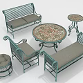 Lush Garden Plants Surrounding Green Metal Furniture With Ornate Table Design