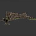 Modern Scenic Design with Stone Wall Ruins and Green Plant Accents