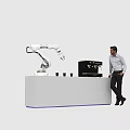 Smart Robotic Arm Preparing Coffee On White Counter With Coffee Machine Cups And Man 3d model