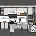 Modern Restaurant Kitchen Interior With Marble Island Cabinets Appliances And Pendant Lights