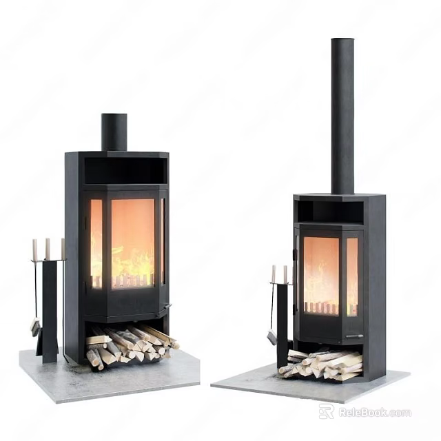 Modern Black Fireplace Interior Design With Glass Door Burning Flames And Firewood 3d model 