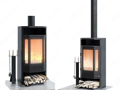 Modern Black Fireplace Interior Design With Glass Door Burning Flames And Firewood 3d model