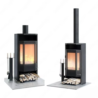 Modern Black Fireplace Interior Design With Glass Door Burning Flames And Firewood 3d model
