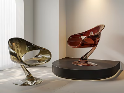 Modern Glossy Sculptural Chairs With Curved Lines On Display Stand In Interior Lighting 3d model