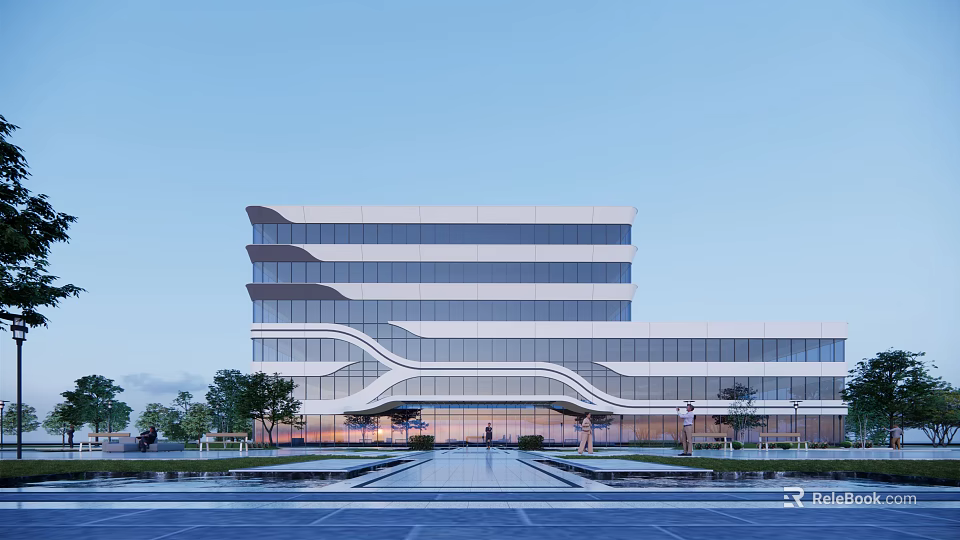 Modern Office Building Exterior With Curved Glass Curtain Walls Landscaping And Spacious Entrance Plaza 3d model 